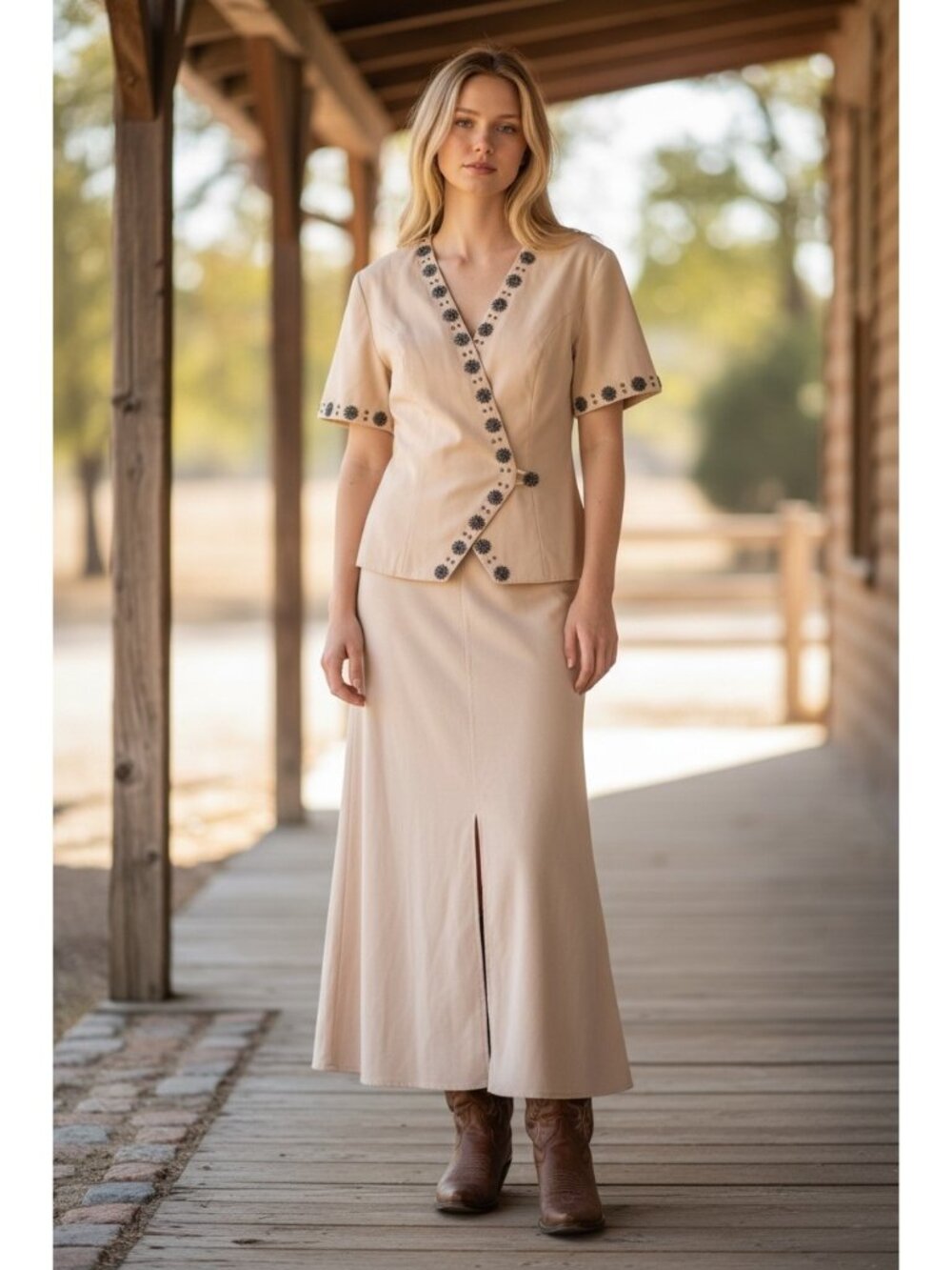 Double D Ranch Wear Top size L  & Skirt Size M Pale Yellow Embellished Western